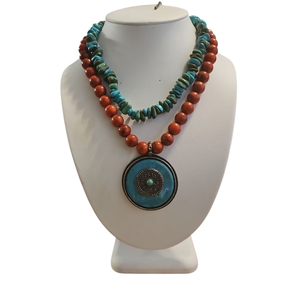 Bohemian Red and Blue Layered Necklace with Bold Pendant